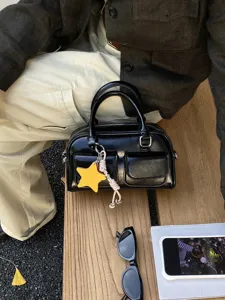Vintage Oil Wax PU Leather Bowling Bag Multi Pocket Underarm Bag Minimalist Commuting Top Handle Shoulder Bag With Star Pendant For Women