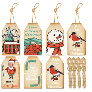 Vintage Christmas Paper Gift Tags Hang Labels With Hemp String Santa Snowman Reindeer Patterns For Holiday Party Gift Wrap Decor