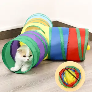 Foldable Rainbow Cat Tunnel Toy For Indoor Cats Kittens Collapsible 3-Way S-Way Straight Tunnels With Hanging Ball And Feathers Durable Polyester Interactive Pet Tube Toy