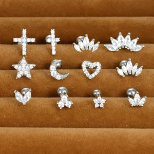 Stainless Steel Cartilage Stud Earrings With Cubic Zirconia Cross Star Moon Heart Crown Shape Dainty Body Jewelry
