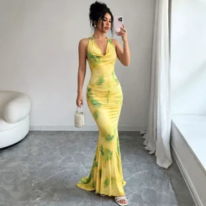 Γυναικείο Sexy Halter Neck Backless Irregular Maxi Dress French Chic Tie Dye Slit Long Party Evening Dress