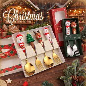 Cucchiaio E Forchetta Di Natale Acciaio Inossidabile Silicone Cartone Animato Babbo Natale Renna Pupazzo Di Neve Albero