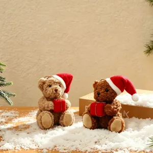 Christmas Plush Teddy Bear Ornament Cute Mini Bear Pendant With Santa Hat Gift Box For Xmas Tree Decor