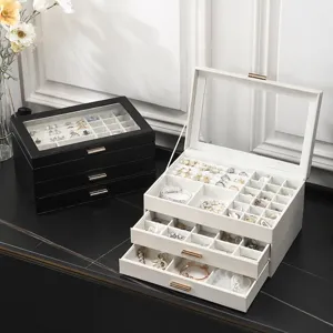 Boîte à Bijoux de Luxe en Cuir Grande Capacité Tiroir Multicouche Organisateur de Bijoux Avec Couvercle en Verre Pour Boucles d'Oreilles