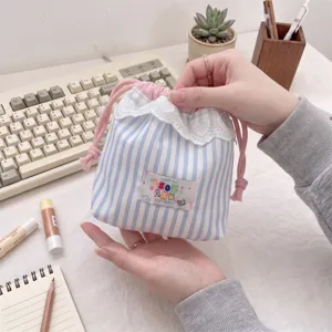 Drawstring Pouch Storage Bag Polyester Heart Lace Trim Stars Stripes Travel Makeup Toiletry Organizer Cute Japanese