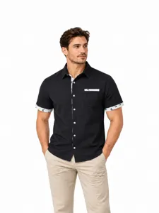 Chemise Décontractée à Manches Courtes pour Hommes Tissu Waffle Imprimé Oiseau Col Rabattu Top d'Été Ample