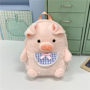 Sac à Dos Cochon en Peluche Japonais Kawaii pour Femmes Filles Mignon Dessin Animé Rose Porcelet Sac de Jour avec Décoration de Nœud à Carreaux