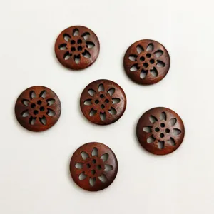 Vintage Coffee Wood Chrysanthemum Buttons Hollow Flower Decorative Sewing Buttons For Shirts Windbreakers Shoes DIY Accessories