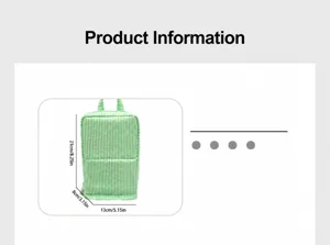 Green-white striped hanging pouch with two straps and layered pockets, shown with size labels.