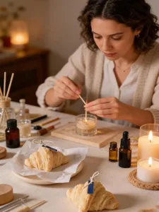 Warm scene of a woman making a candle beside fragrance oils and croissant-shaped wax decor