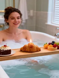 Lit croissant-shaped candle displayed on a wooden bathtub tray beside cake and fruit tarts