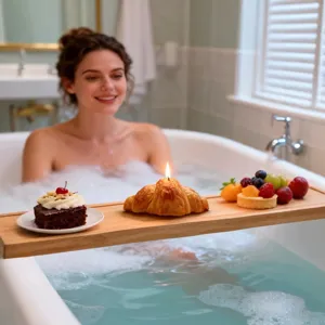 Light wood bathtub tray spanning the tub, styled with a croissant, cake and fresh fruit