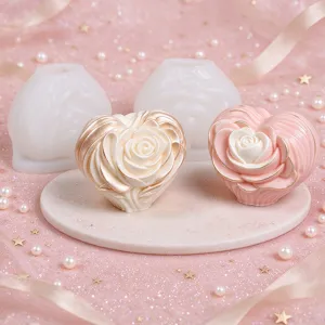 3D rose heart candle silicone mold set with cream-gold and rose-gold floral candles displayed