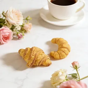 Croissant-shaped silicone craft mold, shown as two golden pastry forms beside coffee and roses