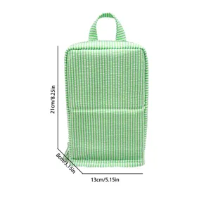 Front view of the green-and-white striped seersucker bag, top handle and size marks: 21 × 13 × 8 cm