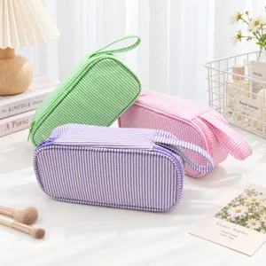 Gestreifte Seersucker Kosmetiktasche Tragbare Reise Make-up Organizer Tasche Leichte Polyester Kulturbeutel Für Damen
