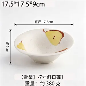 Wit gespikkelde, matte keramieken schaal met handgeschilderde gele peren en maat van 17,5 cm