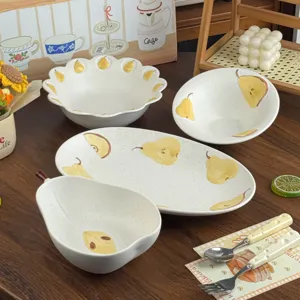 Nordic Keramiek Serviesset Handgeschilderd Peer Patroon Grote Saladeschaal En Dessertbord Voor Keuken Individueel Servies Matte Glazuur Onregelmatige Borden