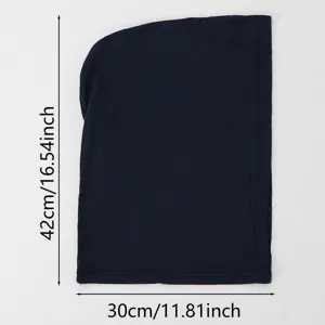 Copricapo tubolare blu navy in maglia elasticizzata, steso in piano con misure indicate: 42 × 30 cm