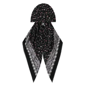 Cuffia foulard nera da donna con stampa floreale e bordo in pizzo, mostrata distesa su fondo bianco