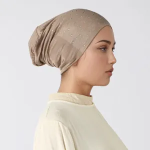Dames Gemerceriseerd Katoen Hijab Binnenmuts Met Hot-fix Strass Elastisch Ademend Effen Kleur Moslim Onderdoek Platte Hoed