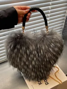 Women's Heart Shaped Faux Fur Plush Handbag Classic Crossbody Shoulder Bag Versatile Fashion Simple Soft Casual Winter Bag Gift