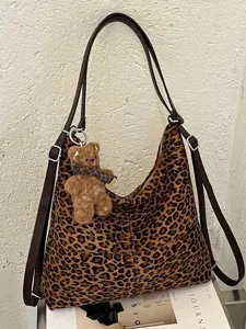Vintage Leopard Print Large Capacity Tote Bag For Women PU Leather Casual Shoulder Crossbody Bag With Teddy Bear Pendant