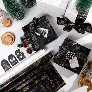 Kerst Cadeaupapier Rollen Zwart Goud Verguld Dubbelzijdig Gecoat Papier Voor Feestdagen Cadeauverpakking Kerstboom Sneeuwvlok Patroon