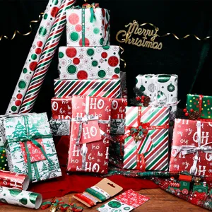 Rouleau de Papier Cadeau de Noël Aluminisé Métallique Papier Cadeau à Rayures Flocons de Neige en Feuille d'Or pour Décoration de Fête de Noël