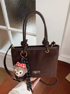 Damen Mode PU Wildleder Eimertasche Leopardenmuster Kleine Umhängetasche Mit Teddybär-Anhänger Pendler Crossbody Handtasche