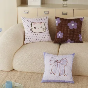 Cartoon Cat Bowknot Flower Decorative Throw Pillow Plush Soft Sofa Cushion Bedroom Bedside Backrest Polka Dot Purple Pillow
