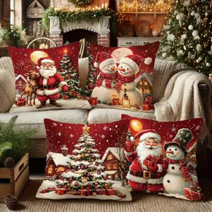 Funda de Almohada de Navidad Papá Noel Muñeco de Nieve Impresión Digital Franela Cuadrada Funda de Cojín para Hogar Sala de Estar Sofá Decoración Regalo