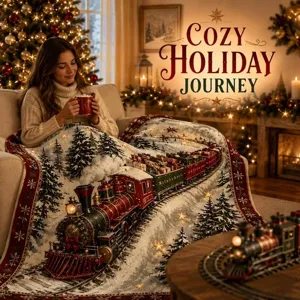 Christmas train blanket draped over a woman on a sofa beside a glowing tree and fireplace