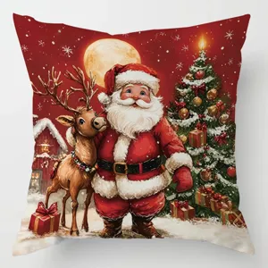 Ilustración festiva de Papá Noel y un reno junto a un árbol decorado bajo la luna brillante