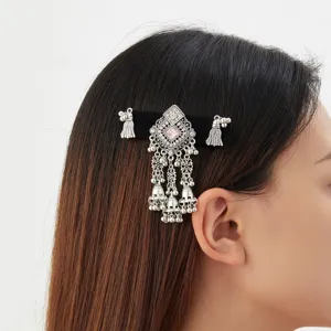 Vintage Indian Ethnic Bell Tassel Hair Clip Zinc Alloy Rhinestone Bohemian Hairpin Women Jewelry Accessories