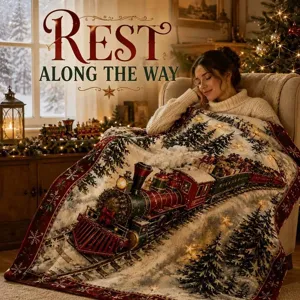Woman resting beneath a vintage train and pine blanket beside a warmly lit Christmas tree.