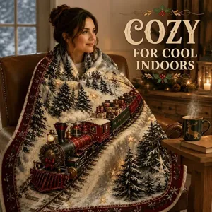 A person wrapped in a vintage Christmas train blanket, seated by a warm, candlelit winter window