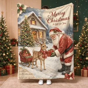 Christmas flannel blanket with Santa, reindeer, sleigh, cottage and tree, displayed indoors