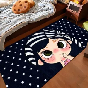 Soft Faux Cashmere Cartoon Area Rug Bedside Runner Cute Girl Leopard Print Starry Night Pattern Digital Printed Rectangle Floor Mat For Bedroom