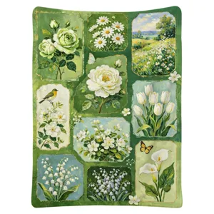 Couverture patchwork verte aux motifs floraux vintage encadrés, avec roses, marguerites et tulipes