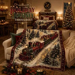 Festive blanket draped over a sofa, featuring a vintage steam train crossing a snowy pine forest