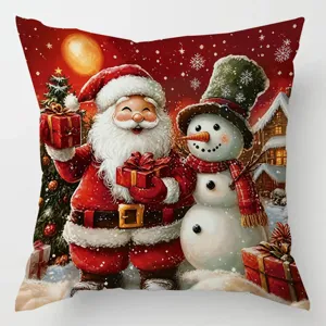 Estampado festivo de cojín con Papá Noel, muñeco de nieve, regalos, árbol y cabaña nevada