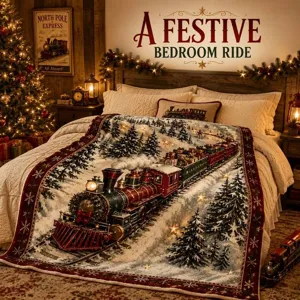 Close view of a festive blanket with a red steam train moving through snowy pine trees