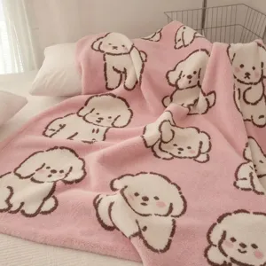 Couverture en Flanelle Chien Bichon Dessin Animé Mignon Châle de Sieste en Polyester Douce pour Bureau Chambre Dortoir Couverture de Voyage