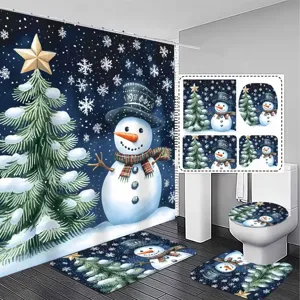 Weihnachten Schneemann Wichtel Druck Badezimmer Duschvorhang Mit Matten Toilettendeckelabdeckung Und U-Förmigem Teppich Wasserdichte Polyester Baddekorationen