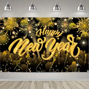 Happy New Year 2027 Party Backdrop Cloth Black Gold Fireworks Balloon Pattern New Year's Eve Celebration Photo Background Banner Tapestry Party Decoration
