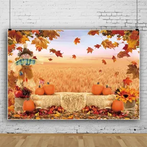 Thanksgiving Autumn Harvest Photography Backdrop Scarecrow Pumpkin Sunflower Maple Leaf Party Decoration Banner Photo Prop
