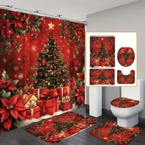 Weihnachts Badezimmer Duschvorhang Set Polyester Wasserdicht Bedruckte Badematte Toilettendeckelabdeckung Für Feiertag Haus Dekoration