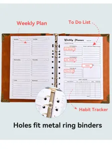 Open plannerpagina's tonen weekplanning, takenlijst en gewoontetracker naast de metalen ringband.