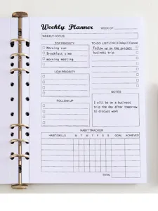 Bovenaanzicht van een weekplannerpagina met prioriteiten, taken, notities en een gewoontetracker